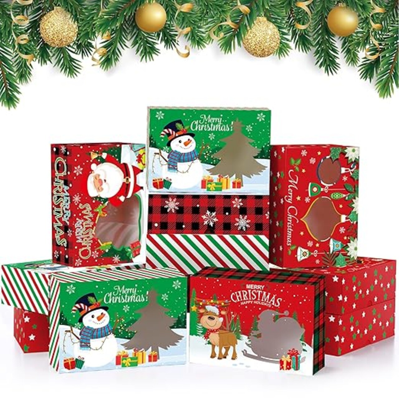 28 Pcs Christmas Cookie Boxes Merry Christmas Bakery Box with Window Xmas Buffalo Plaid Treat Box with Lid Snowman Santa Reindeer Gift Box for Xmas Holiday Party Gift Giving Supplies Decor